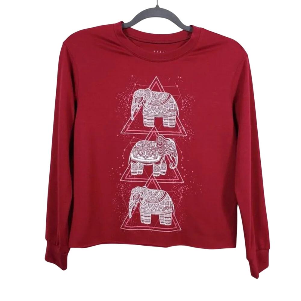 Rebellious One Elephant Graphic Long Sleeve Tee Red Women Size XS NEW